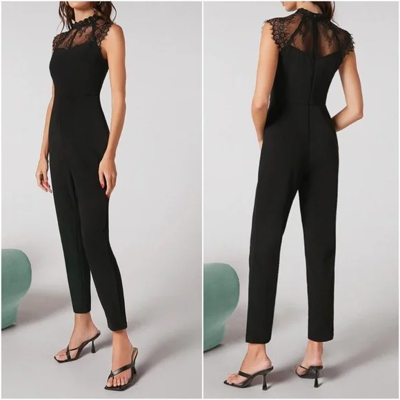 Solid Black Eyelash Lace Mock neck Jumpsuit - Picture 2 of 2
